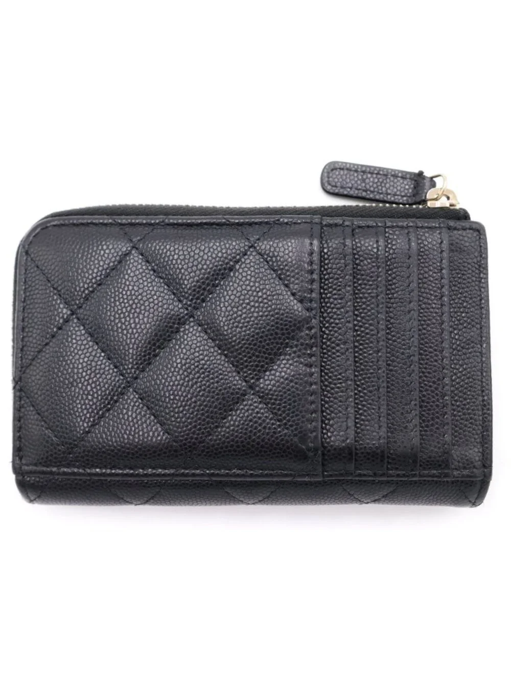 Chanel Quilted CC Logo Card Case Fragment Caviar Leather Black Gold